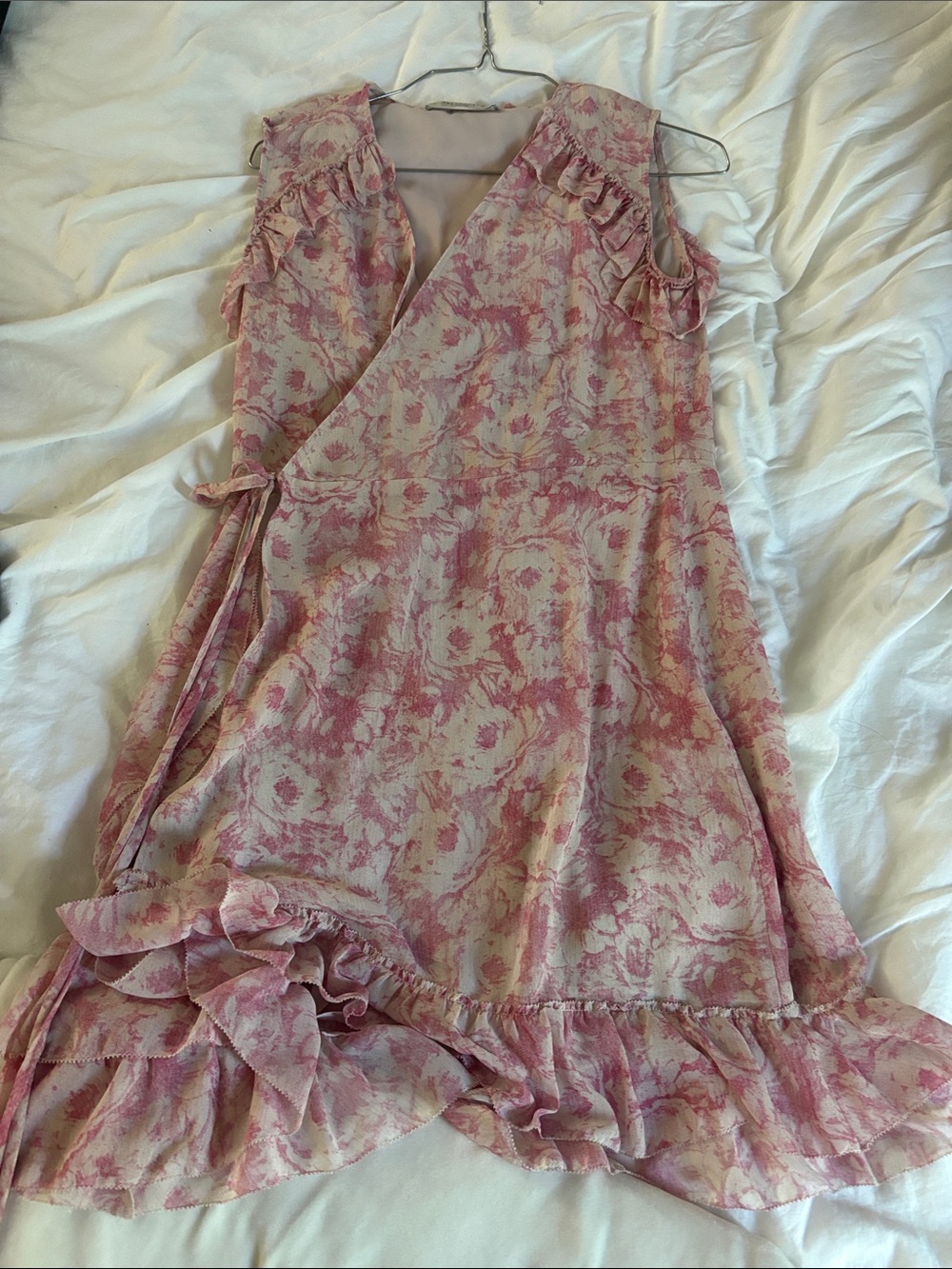 AllSaints Priya Rosa Pink and Cream Floral Ruffle Wrap Dress